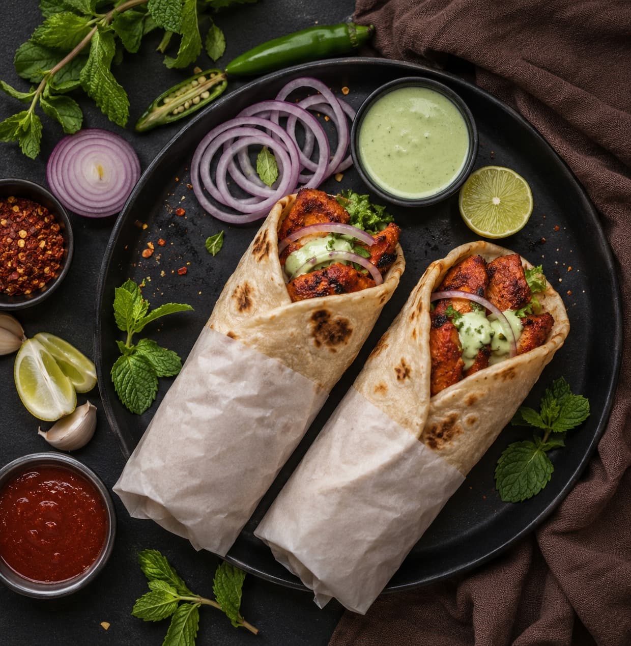 Chicken tikka roll fresh off the tawa, MK's Noida