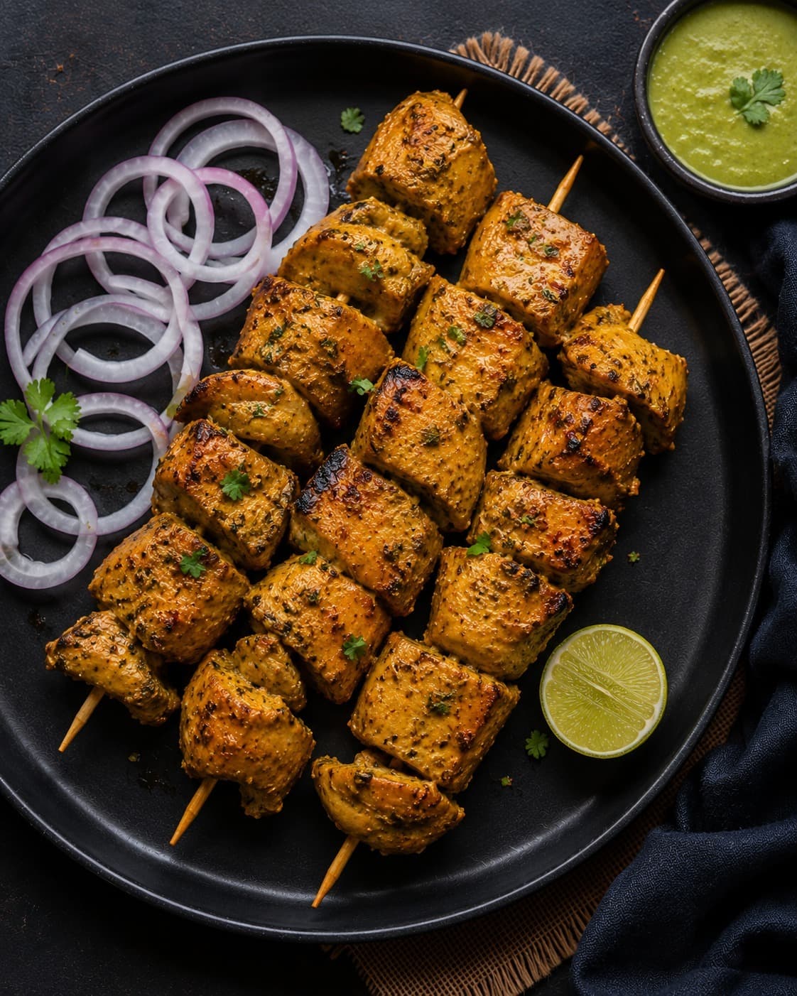 Classic chicken tikka skewers, clay tandoor roasted