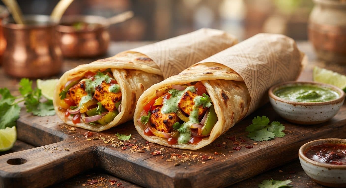 Kolkata-style kati roll with tandoori filling and chutney — MK's Noida