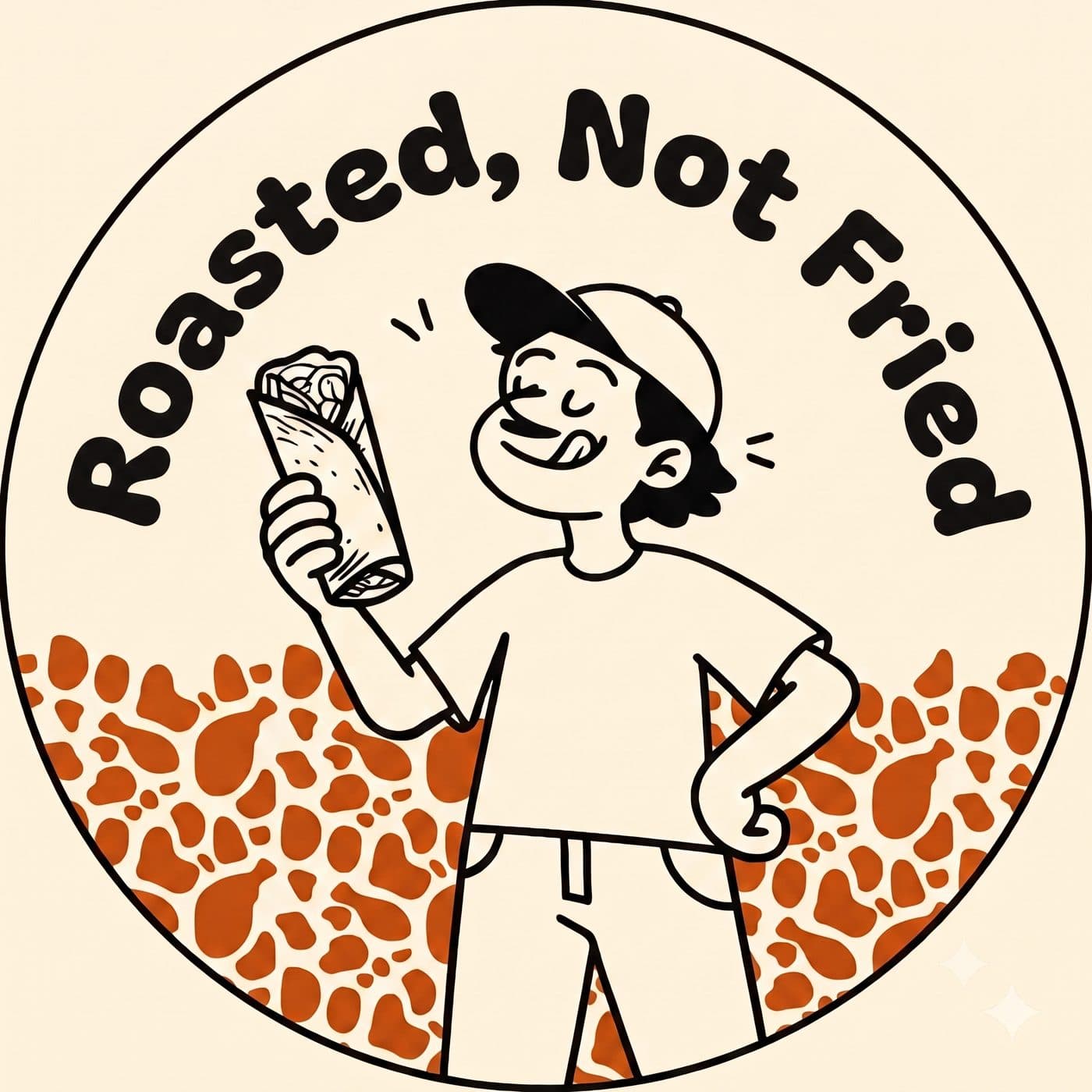 It's Roasted Not Fried — MK's mascot holding a tandoori roll, standing on the packaging's spotted pattern