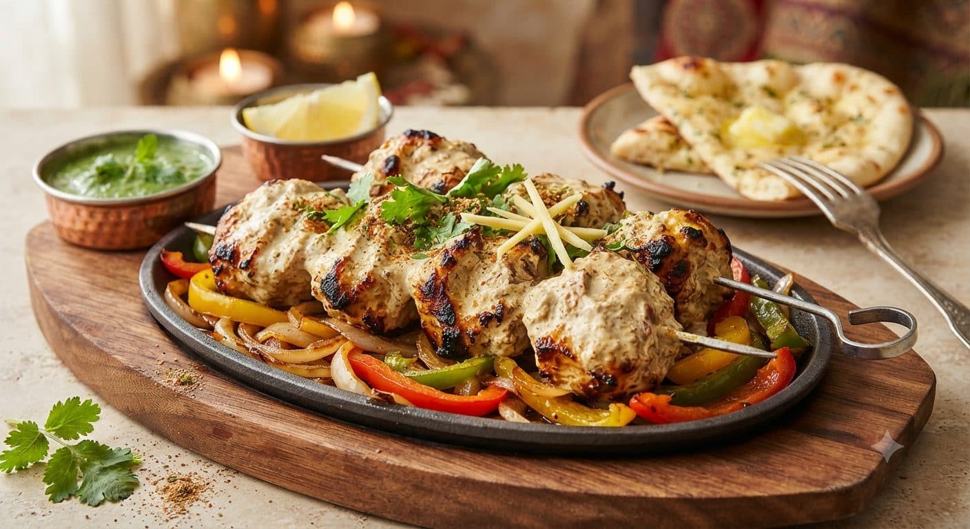 Tandoor-roasted soya chaap skewers with naan and mint chutney — MK's Noida