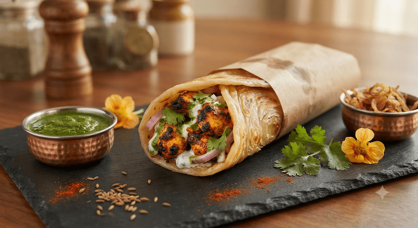 Tandoori chicken roll in rumali roti with chutney — MK's Noida