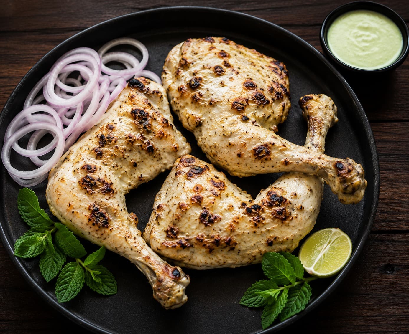 Freshly roasted tandoori chicken served with mint chutney and onions