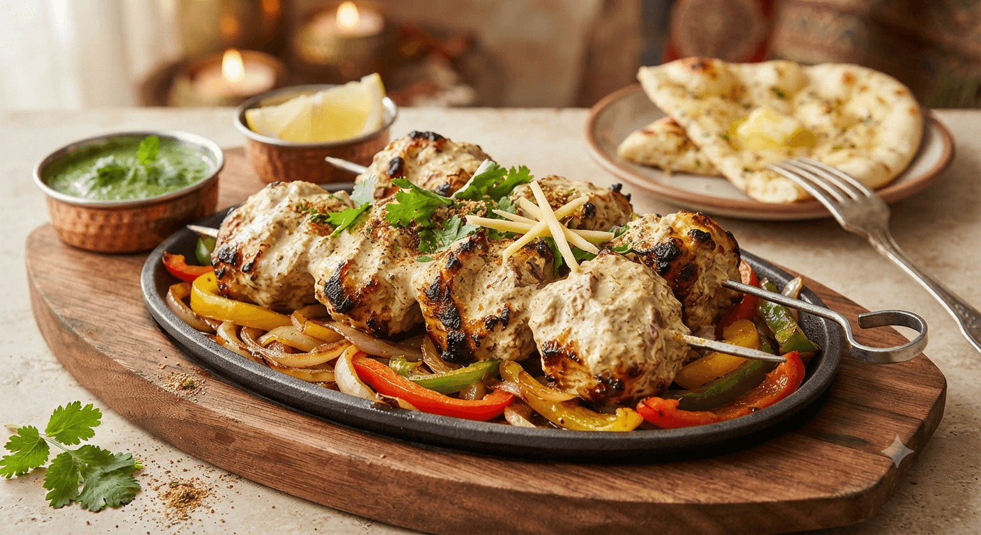 MK's soya chaap skewers close-up, tandoor roasted