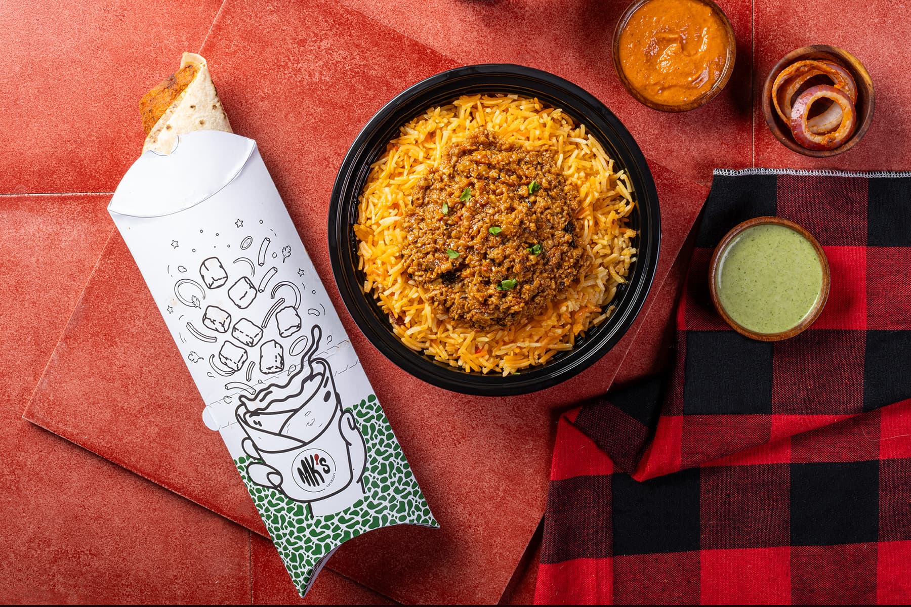 Soya chaap roll with a soya keema rice bowl